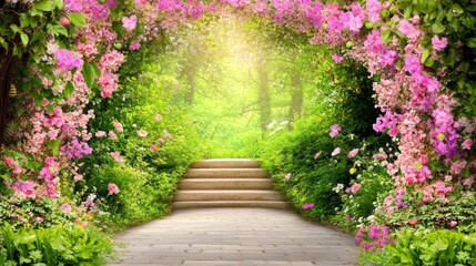 Enchanted Garden Path Leading to Light Through Pink Flower Archway with Stone Steps.
