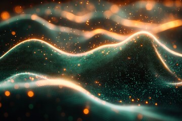 Abstract representation of waves with glowing particles and soft lighting.