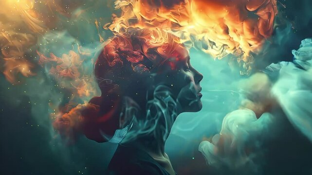 Video of woman&rsquo;s profile with vibrant smoke swirling around her, featuring fiery orange and cool blue tones. Concept of creativity, imagination and emotional intelligence