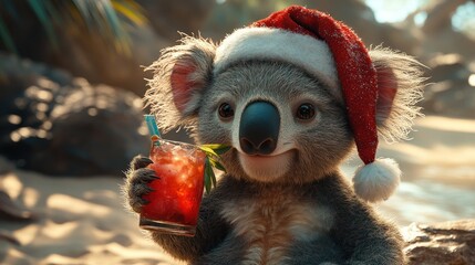 Fototapeta premium Koala in Santa Hat on Sunny Beach with Tropical Drink Ocean Background Christmas Holiday Cheer