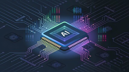 Fototapeta premium Futuristic AI Chip with Colorful Circuitry. Embracing Advanced Technology