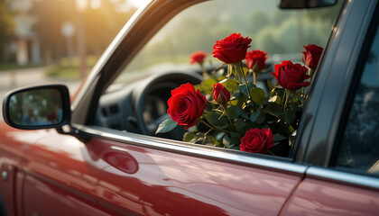wedding car with flowers, bouquet of red roses on a car for girlfriend on valentine day