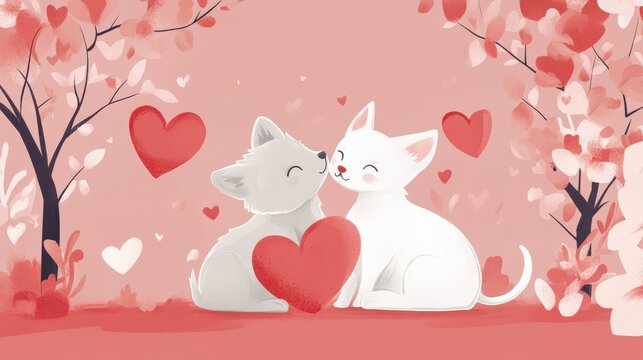 Feline Love in Bloom: A charming illustration of two adorable cats, one white and one gray, embracing in a loving embrace surrounded by red hearts and pink blossoms, perfect for Valentine's Day.