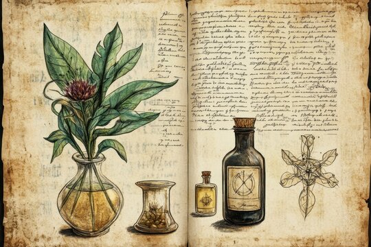 Botanical illustrations and handwritten notes fill an old open book
