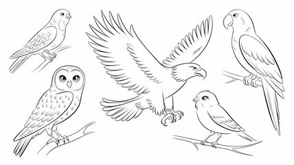 Naklejka premium Hand-Drawn Bird Illustrations. Diverse Collection of Owls, Hawks, and Parrots
