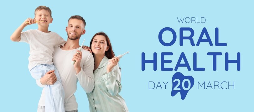 Happy family brushing teeth on light blue background. Banner for World Oral Health Day - Powered by Adobe