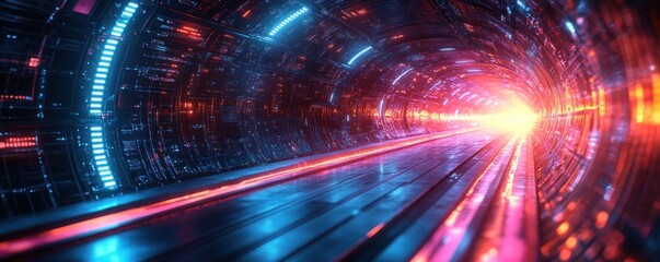 Futuristic Abstract Scene with High-Speed Digital Tunnel and Vibrant Neon Light Streaks