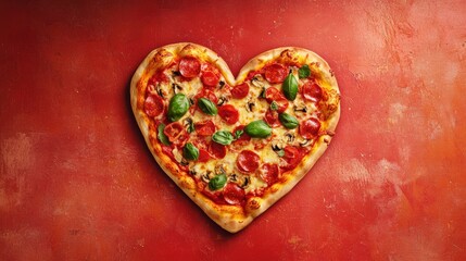 Heart-Shaped Pepperoni Pizza: A delicious heart-shaped pepperoni pizza, adorned with melted cheese and fresh basil, sits on a rustic red background.