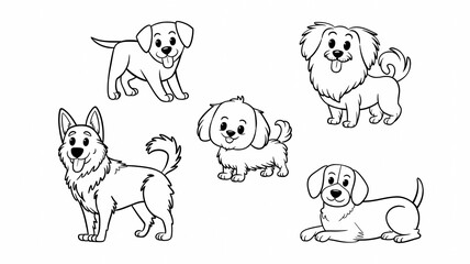 Fototapeta premium Line Art of Six Playful Dog Breeds, Cute Pups in Various Poses