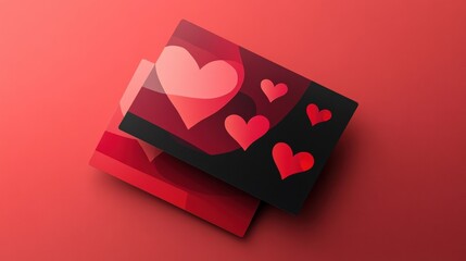 Love Gift Card Mockup:  Two elegant gift cards with a subtle heart pattern design, stacked against a vibrant red background. The cards are perfect for promoting gift-giving and celebrating love. 