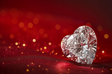 Fototapeta premium A breathtaking heart-shaped diamond, flawlessly cut with brilliant facets that reflect light in a dazzling display, elegantly placed on a luxurious deep red background