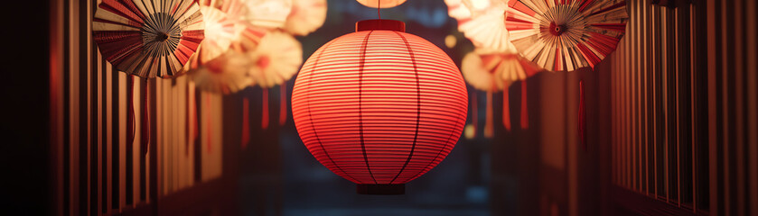 Obraz premium A serene night scene featuring traditional red lanterns illuminating a tranquil path, creating a warm and inviting atmosphere. Perfect for cultural themes and festive celebrations.