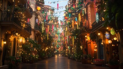 Fototapeta premium Evening Street Lit with Colorful Lights and Decorations.