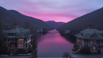 Evening View Of Two Houses On The Water With Purple Sky And Mountain Backdrop.