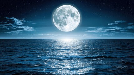 A breathtaking view of the full moon casting a shimmering silver path across the calm ocean, as gentle waves ripple under the moonlight