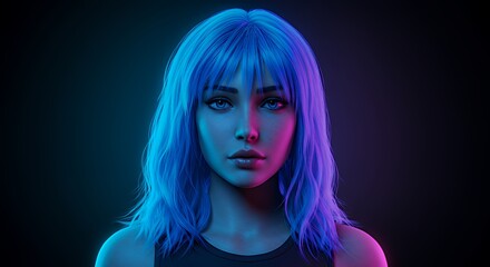Naklejka premium Portrait of Woman with Blue Hair Illuminated by Neon Lights