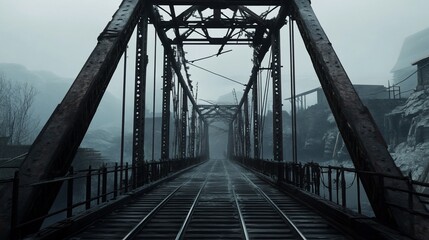 Fototapeta premium Rusty railroad bridge in dense fog, overlooking a desolate, abandoned town.