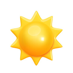 Yellow glossy sun icon with rays in realistic style isolated on white background. Weather icon design for website and mobile app. 3d sunny day sign. Vector illustration