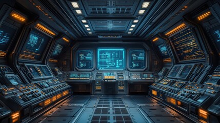 Obraz premium Futuristic control room with screens and controls for monitoring systems.