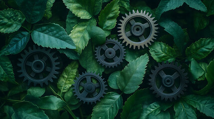 Gears blending with naturea??s foliage, illustrating innovation and eco-friendly technology