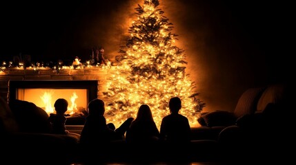 Family Gathers by Fireplace Next to Christmas Tree.