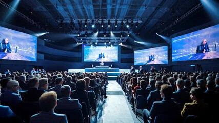 Business conference taking place in a large convention hall with an engaged audience and prominent speakers visible on multiple screens during the event