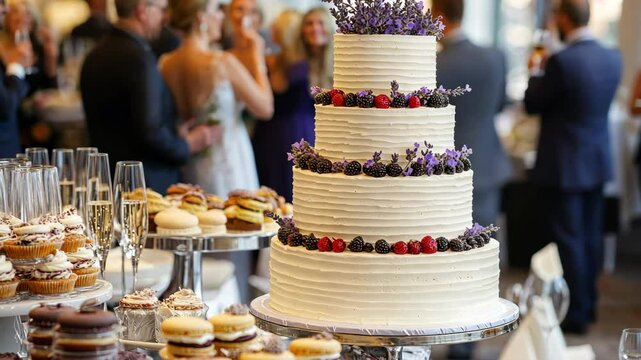 A three-tier white wedding cake with lavender and berry decoration, displayed on an elegant table at the reception venue. 