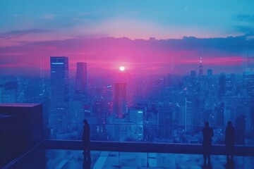Obraz premium People watch beautiful sunset over futuristic cityscape from rooftop