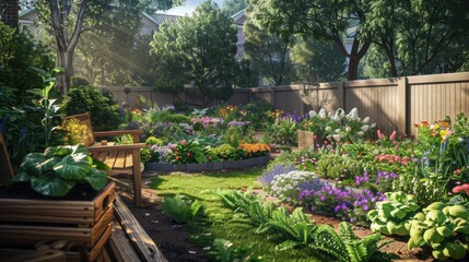 Obraz premium Lush Flower Garden with Wooden Bench in Morning Light