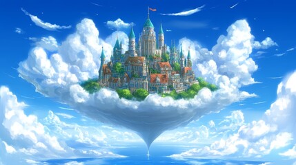 Fantasy Castle Floating on Clouds in a Blue Sky with Many Turrets and Orange Roofs.