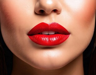 Fototapeta premium Bold red lips highlighted in close-up with soft lighting for a glamorous look
