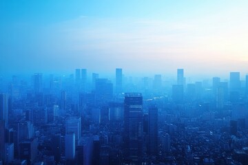 Fototapeta premium An aerial view of a blue tinted cityscape with fog