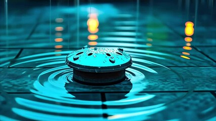A close-up of a wet, round object resting on a tiled surface, surrounded by ripples and raindrops, with a soft blue lighting effect. - Powered by Adobe