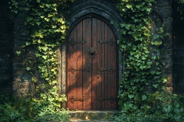 Antique door covered with ivy