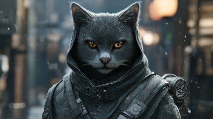 Cyberpunk cat ninja warrior portrait