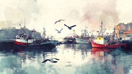 Watercolor painting of fishing boats docked at misty harbor, with seagulls flying overhead