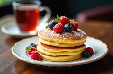 Delicious pancakes with berries on plate and cup on the table for breakfast