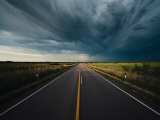 Naklejka premium Realistic image of an empty straight road with vivid yellow centerline, framed by lush grass and wild vegetation, under dramatic storm clouds casting soft shadows