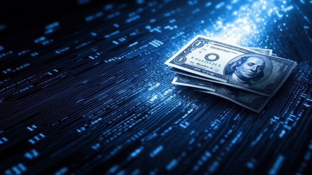 Digital Concept of Money Floating in a Technological Environment with Dollar Bills and Data Stream Background