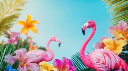 Obraz premium Vibrant flamingos among colorful tropical flowers and lush greenery