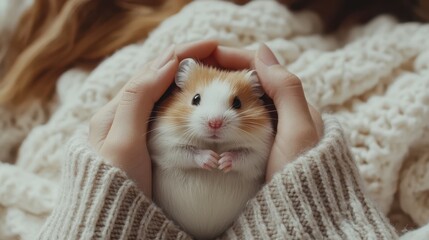 Hamster being gently cradled by hands in warm knitted gloves