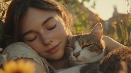 Young woman sleeping beside tabby cat on cozy bed