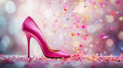 A chic and luxurious pink high heel standing tall, as colorful confetti rains down in slow motion, set against a soft bokeh background, evoking a sense of glamour