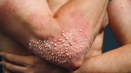 Close-up image of a person's arm exhibiting symptoms consistent with a skin condition. 