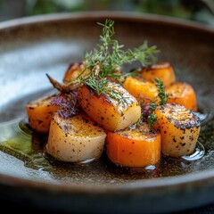 Grilled Root Vegetables with Herbs on Dark Plate for Culinary Scene