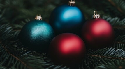 Fototapeta premium Festive Christmas Ornaments in Greenery a Classic Holiday Scene with Four Spheres.