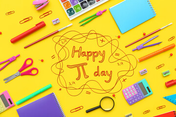 Frame made of different school supplies on yellow background