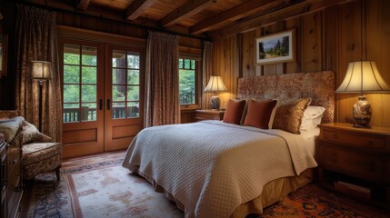 Rustic cabin bedroom, forest view, interior design, tranquility