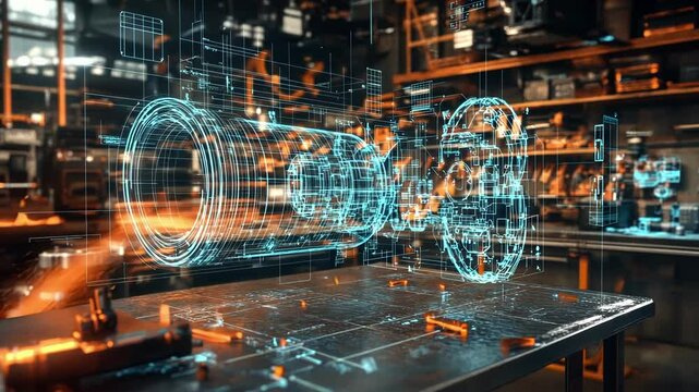 Futuristic engineering software is generating a holographic projection of a detailed engine model, showcasing advanced technology in a modern workshop environment