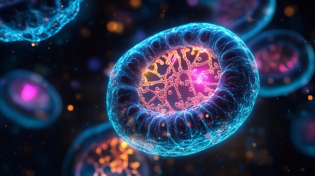 Glowing nucleolus inside the nucleus showing rRNA synthesis and ribosome assembly in a detailed molecular view
